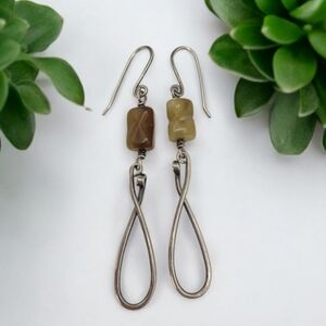Artisan Vintage Modernist Sterlng Silver Hand Carved Stone Bead Drop Earrings 3"